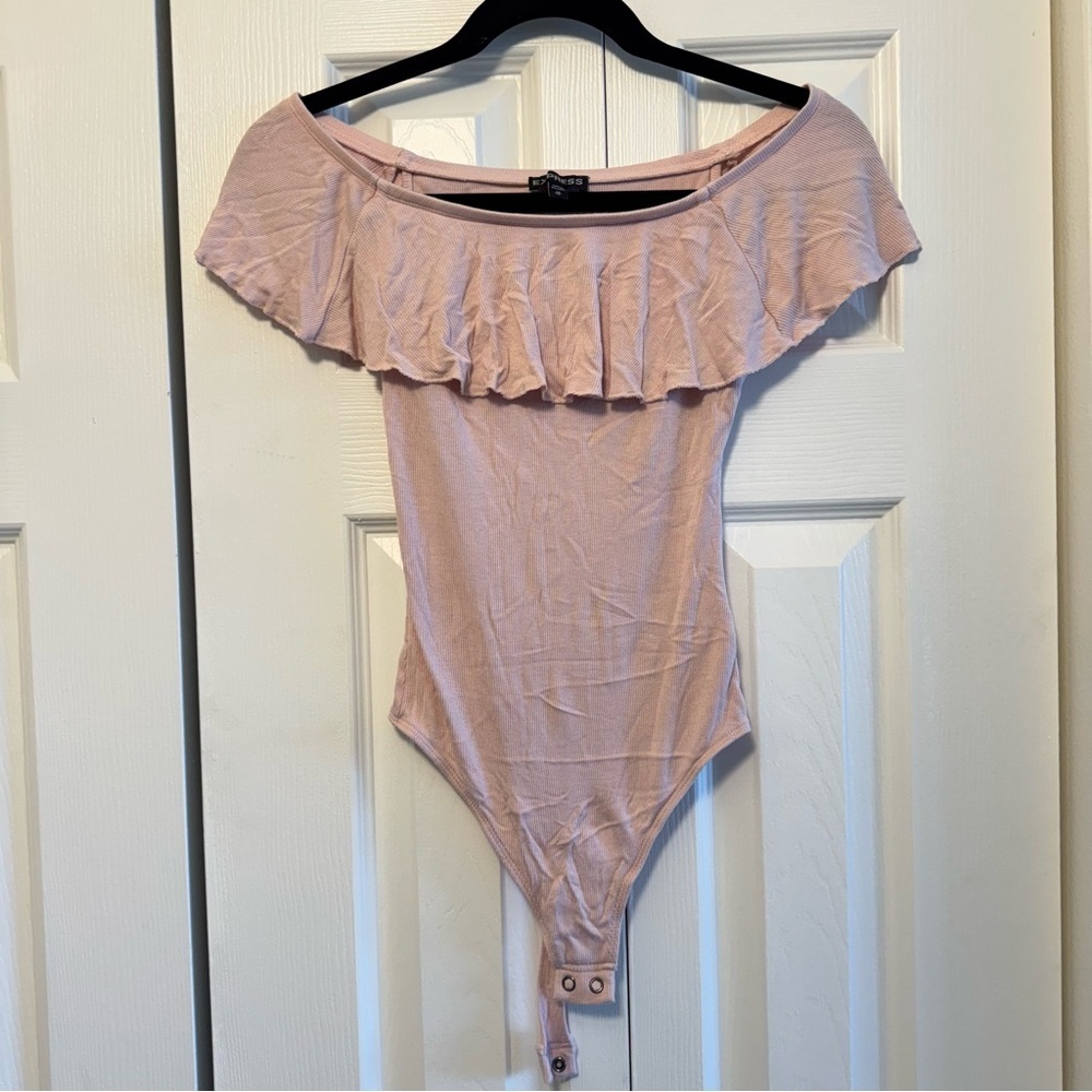 Express Pink Off-Shoulder Ruffle Bodysuit, Size XS